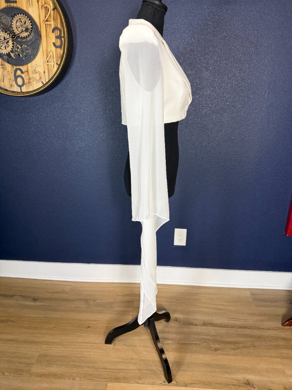 White Ivory Crop Blazer Sheer Chiffon Mermaid Pants Two Piece Set | M - Picture 3 of 9